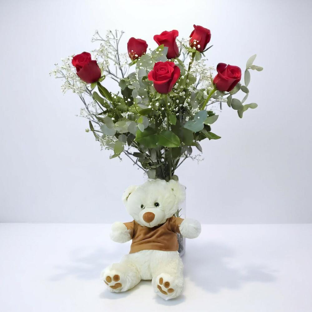 Hermoso – Ramo de rosas rojas con peluche y paniculata