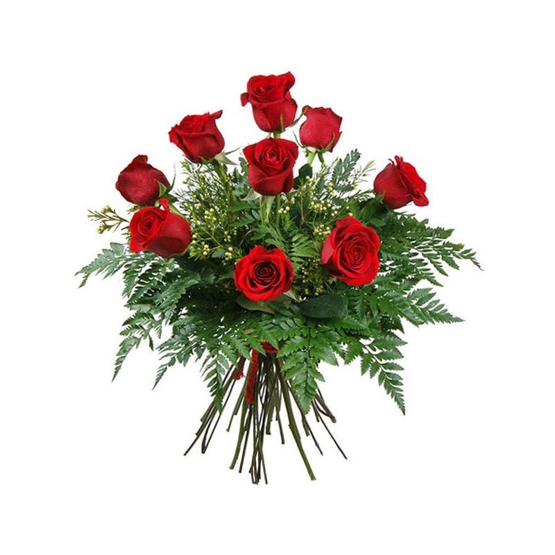 Ilusión – Ramo de 9 rosas rojas de tallo largo con verdes variados
