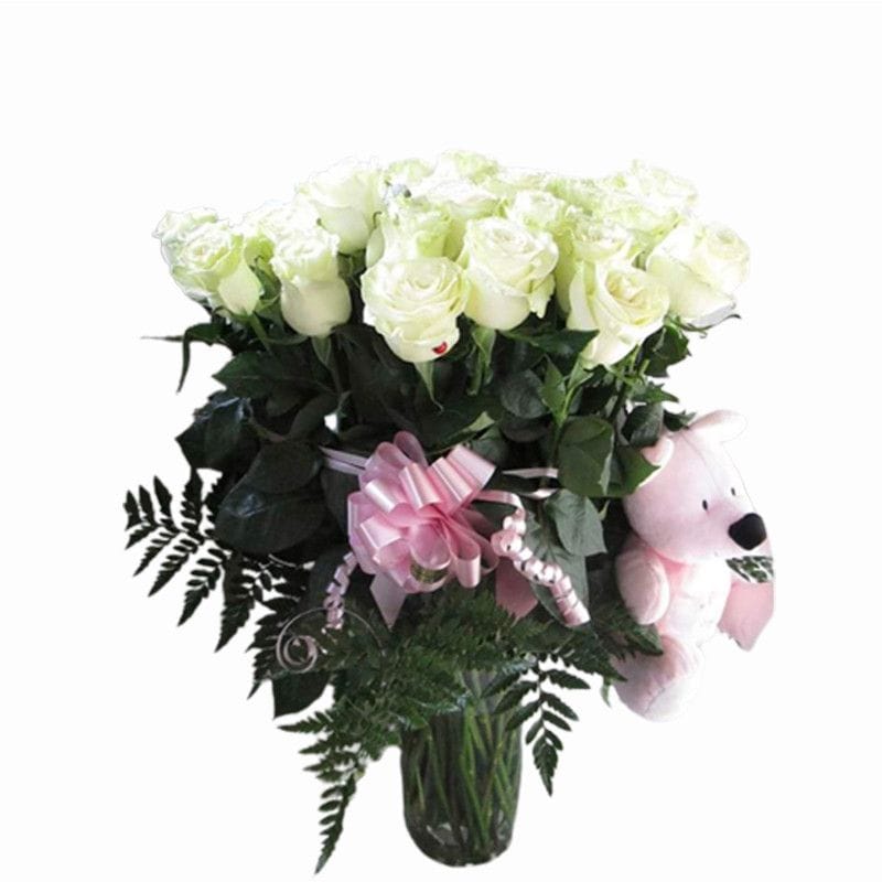 Jeffc – Ramo de 18 rosas blancas con peluche y jarrón