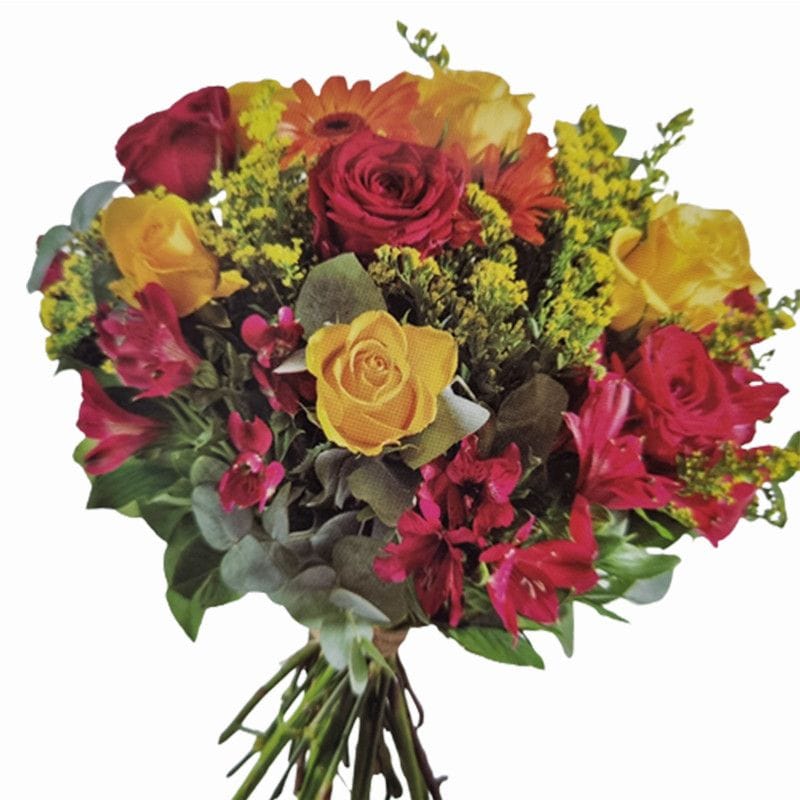 Ramo Cálido – Astromelias, Rosas y Claveles con Verdes Frescos