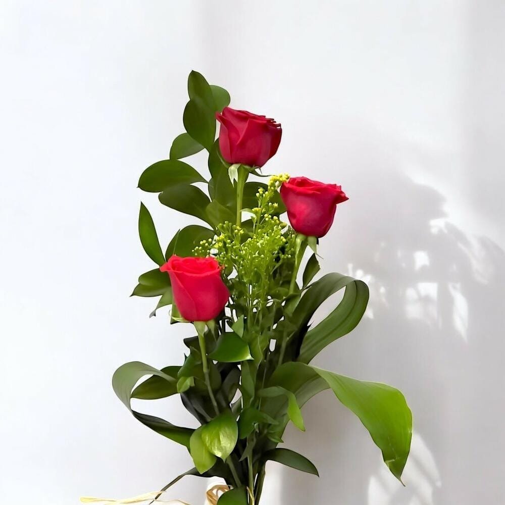 Ramo Princess – Tres Rosas Rojas con Paniculata y Verdes