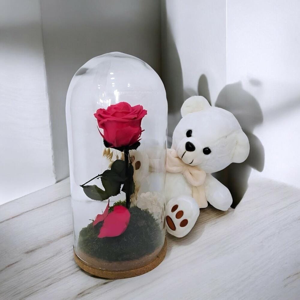 Bella – Rosa Preservada con Osito en Cúpula de Cristal